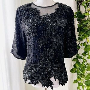 Vintage JRT James River Traders 100% Silk Black Jeweled Floral Evening Blouse Lg